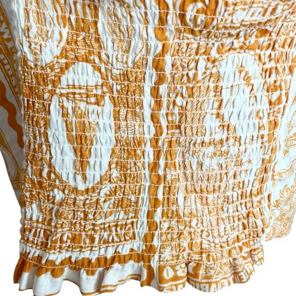 Artlier Nicole Miller Linen Blend Crop Top LG Postal Print Smocked Back Travel - Picture 5 of 8